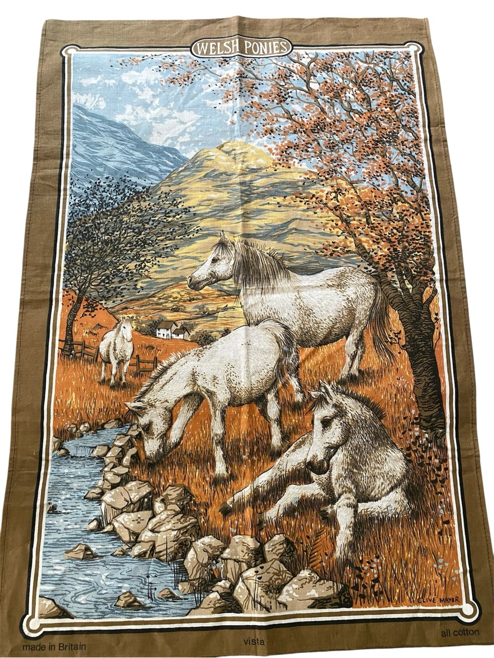 Vintage MCM Vista Clive Mayor Tea Towel HORSES Welsh Ponies